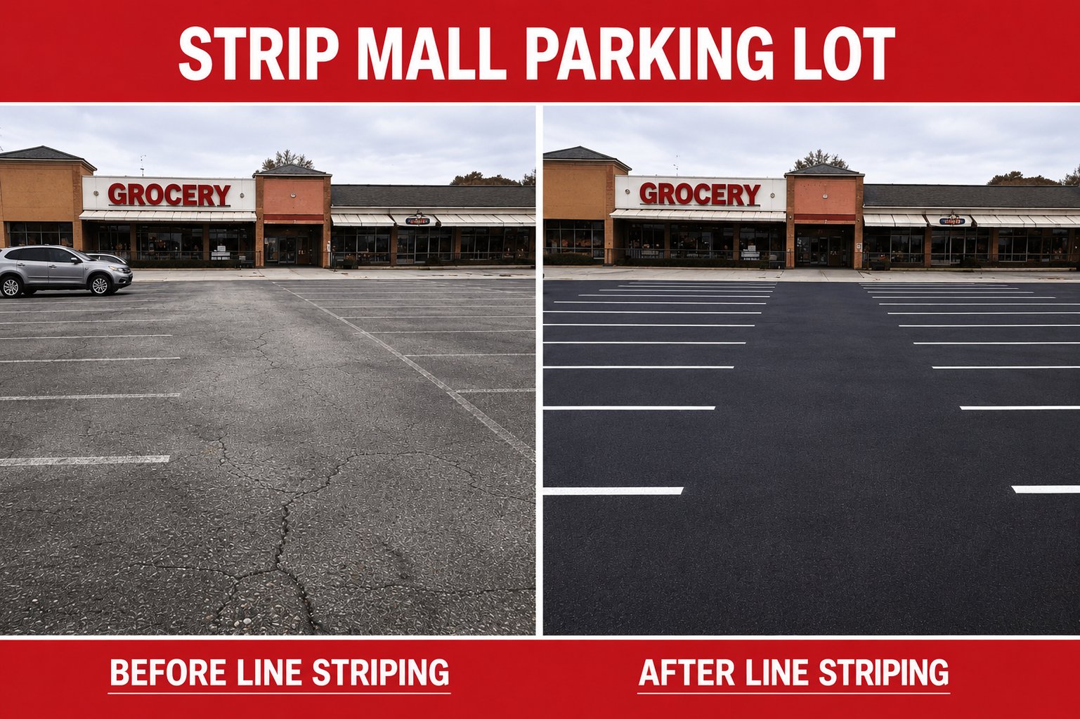 Strip mall parking lot before line striping and after line striping