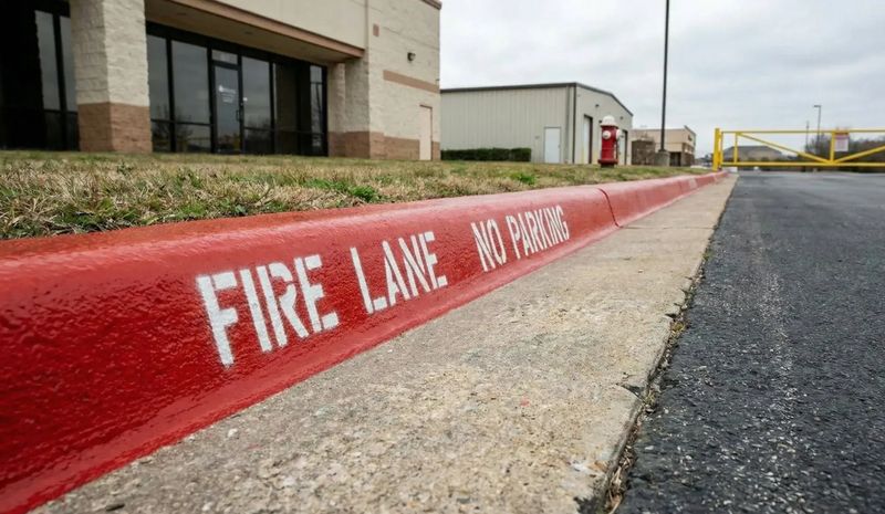 Red painted fire lane curb marked no parking
